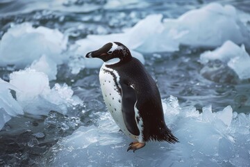 Fototapeta premium Chinstrap penguin standing on an ice floe in the ocean in antarctica