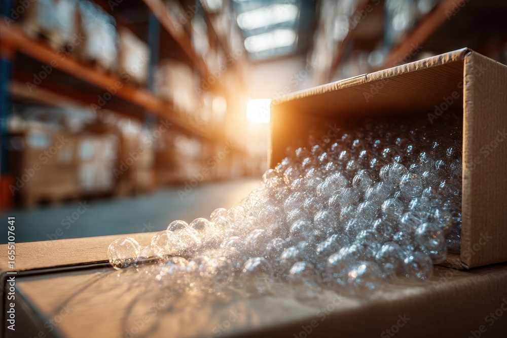 Poster a close-up view of a cardboard box filled with shiny, clear bubble wrap spilling onto the floor of a