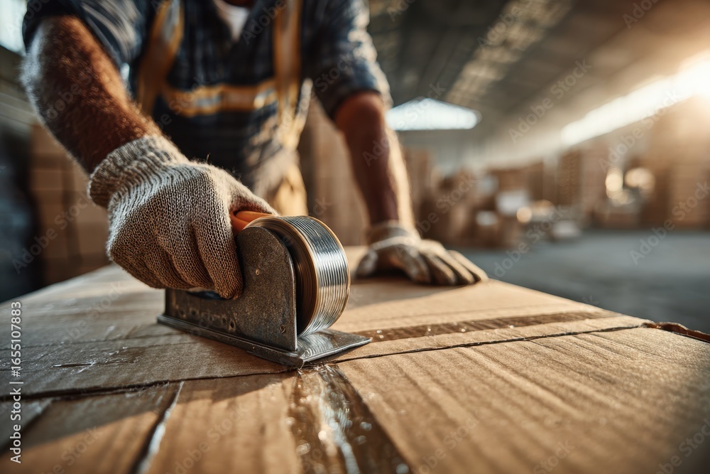 Poster a warehouse worker is sealing boxes with strapping tape, ensuring secure shipment and efficient logi