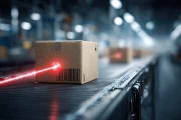A close-up shot of a cardboard box moving along a conveyor belt in a distribution center, being scanned by a laser for tracking and inventory management system.