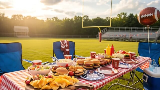 Tailgate party food ideas for football season with burgers and hot dogs and stadium view fun day video 4k Video 4k