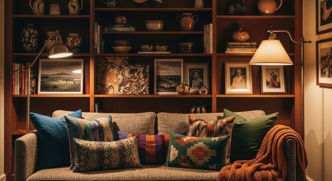 Cozy room with bookshelves and sofa