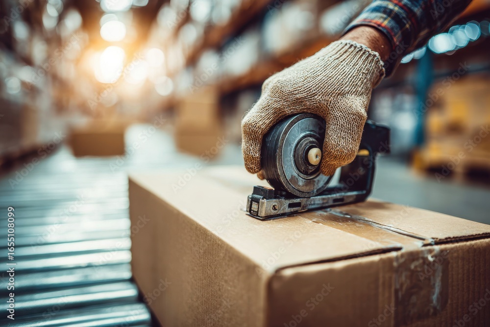 Poster close-up of worker sealing a cardboard box with packing tape in a warehouse, ensuring secure shipmen