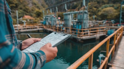 Obraz premium Medium shot capturing a clipboard held by an auditor at a rural microhydropower plant showing detailed notes clearly while the surrounding environment and equipment stay blurred.