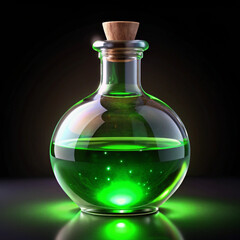 Mysterious glowing green potion in glass bottle with cork, perfect for fantasy, magic, or science on transparent background