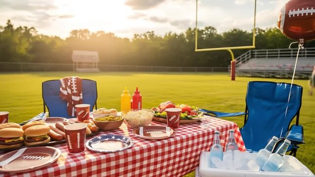 Tailgate party food ideas for football season celebration and game day with burgers and hotdogs video 4k Video 4k