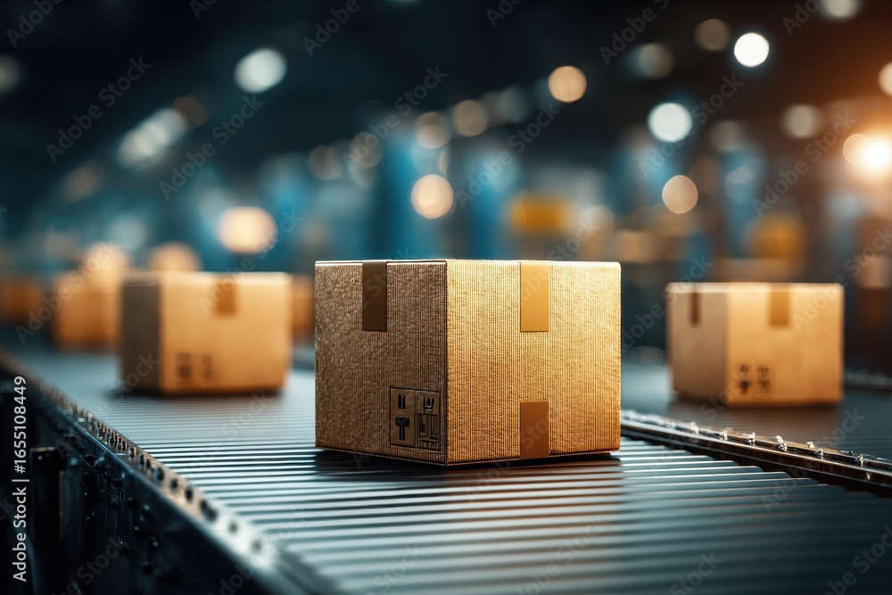 Poster boxes on a conveyor belt: streamlined shipping and automated logistics, highlighting efficiency and 