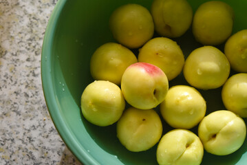 A ripe yellow plum in a green basin. Juicy fruit. Ripe plums in drops of water.