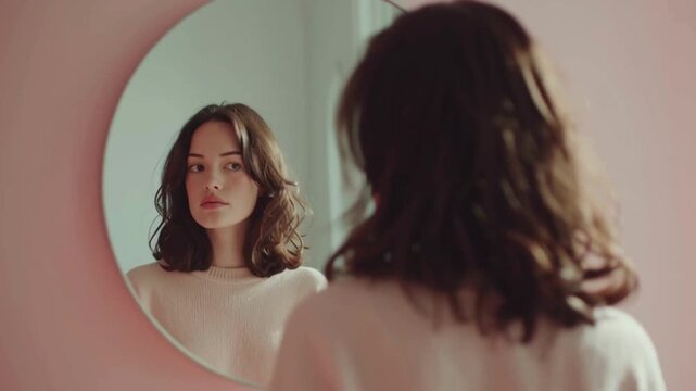 A woman gazing at reflection with self-awareness in a stylish, minimalist setting with a round mirror, embodying introspection, beauty, and modern elegance.