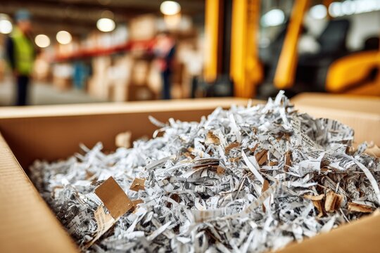 Close-up view of shredded paper in a cardboard box at a warehouse facility, emphasizing data security and recycling, industrial backdrop and worker silhouettes.