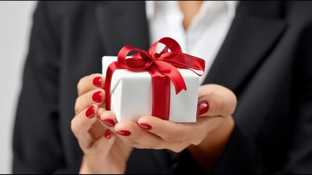 An elegant individual in formal attire holds a small white gift box with a red ribbon at a professional gathering. The setting is sophisticated, emphasizing the importance of the occasion.