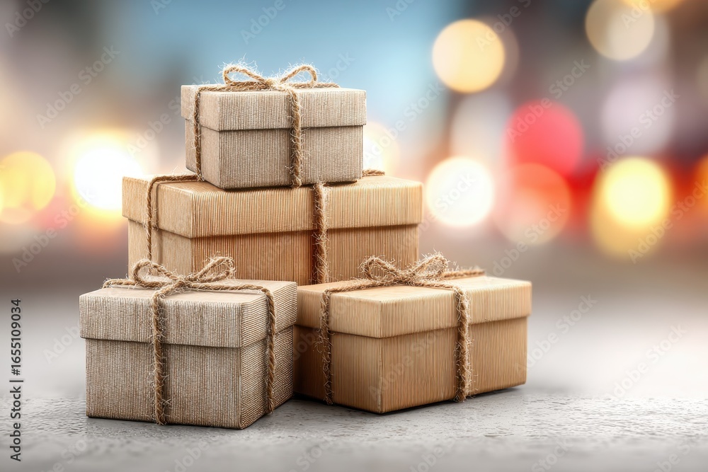 Poster a stack of elegantly wrapped gift boxes tied with rustic twine, placed on a textured surface, bokeh 