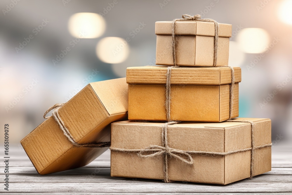 Poster a stack of brown cardboard boxes tied with twine, placed on a wooden table, creating a rustic and ch