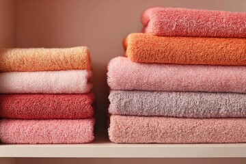 Soft and Cozy Hand Towels in Shades of Pink and Orange Folded Neatly on a Shelf for Home Decor