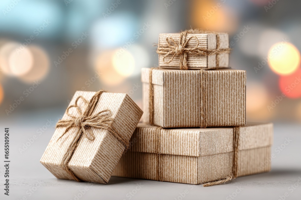 Poster a stack of beautiful cardboard gift boxes tied with rustic twine, against soft bokeh background, per