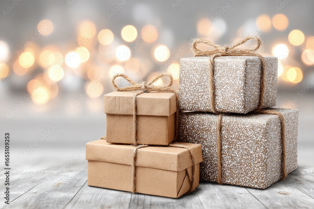 Poster a stack of beautifully wrapped gift boxes tied with twine, sitting on a rustic wooden surface, with 