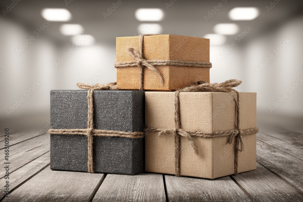 Poster three stacked gift boxes wrapped with jute twine on a rustic wooden surface, creating a warm and inv