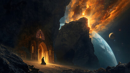 Mysterious figure approaching glowing stained glass inside ruined cathedral