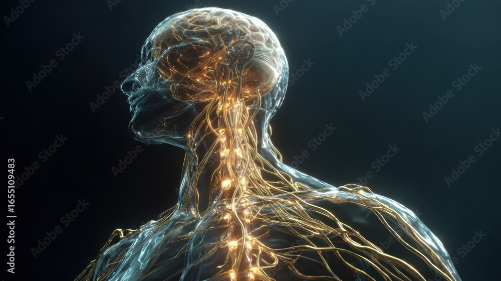 Poster medical visualization showing glowing nervous system within transparent human body, highlighting int