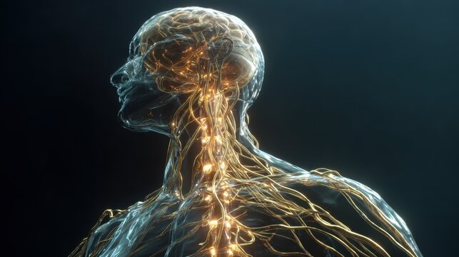 Medical visualization showing glowing nervous system within transparent human body, highlighting intricate network of nerves connecting brain to rest of body against dark background