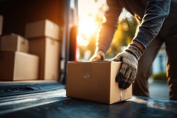 A delivery man unloading cardboard boxes from a van on a sunny day, wearing work gloves and focusing on the safe and efficient delivery process, ensuring customer satisfaction.