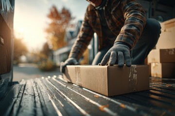 A delivery worker carefully places a cardboard box into a delivery van on a sunny day, ensuring secure transport and handling of the packaged goods for delivery.