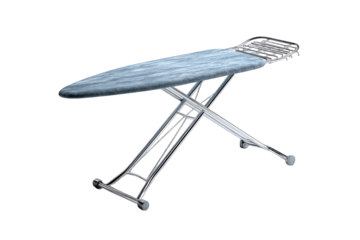 Folding ironing board, metallic frame, light blue cover
