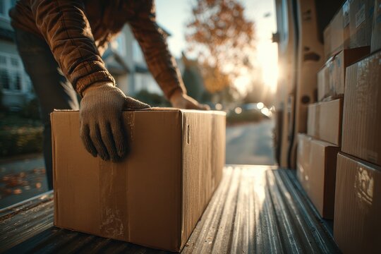 Loading boxes into a delivery van for transport, worker with protective gloves handling the parcels with care during a sunny day, focused on the relocation process - Powered by Adobe