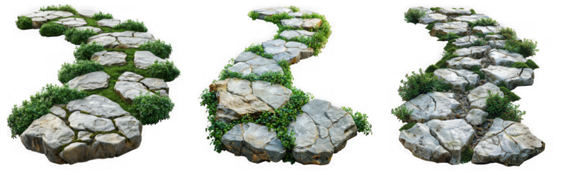 Curving garden path made of stepping stones and grass, isolated on transparent background