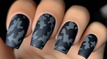Hand with matte black manicure decorated with glossy camouflage pattern nail art