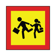 Children Transport Warning Sign – School Zone Alert with Running Silhouettes  High-Visibility Road Safety Vector