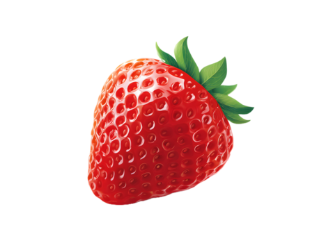 Minimalist strawberry icon with green leaves, flat design fruit illustration, vibrant red berry isolated on white background, healthy food vector, modern graphic style