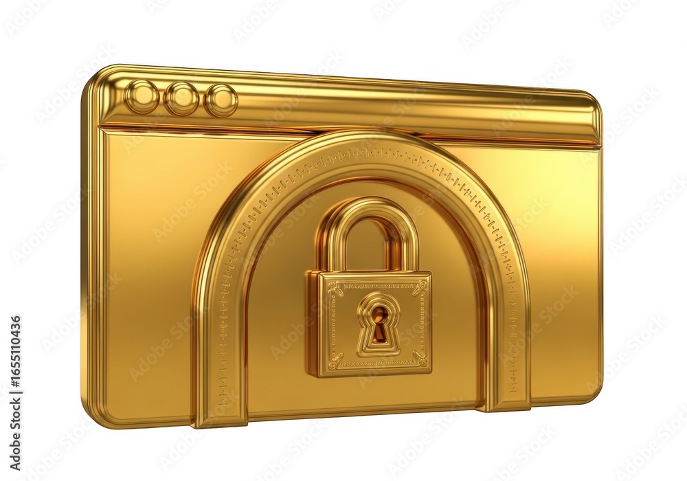 Poster golden browser window with a padlock symbolizing online security isolated on transparent background