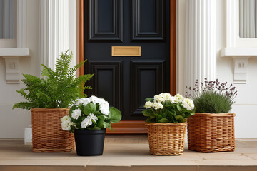 In front of the entrance door there are wicker baskets and pots with green plants and flowers: fern, white flowering plants and lavender. Home and garden decor. Landscape design.