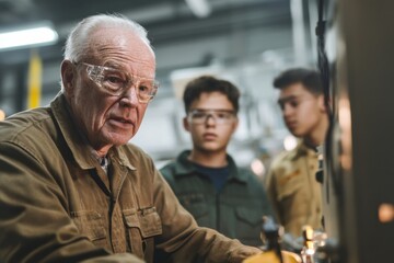 Elderly male mentor guides younger operators in drawbench techniques in modern workshop setting