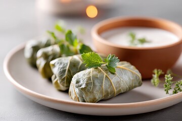 Dolma served elegantly with yogurt on a plate featuring grape leaves stuffed with rice and spices