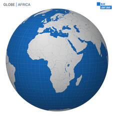 Fototapeta premium Vector Globe centered to Africa. Blue Light Gray palette. World map with meridians, parallels, countries, rivers and lakes. Amazing vector illustration.