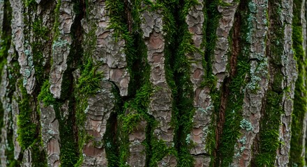 Obraz premium Detailed close-up of rugged tree bark with vibrant green moss growing in the deep vertical grooves, creating a natural textured background.