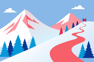 Stylized winter mountain landscape with ski slope and snowboard track