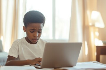 Young Black man checks credit score at home, grappling with anxiety about financial future