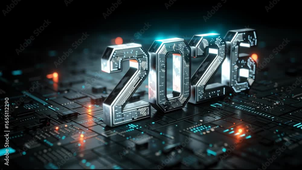 Poster in a digital landscape, bold numbers represent the year 2026 with intricate circuit patterns and glo