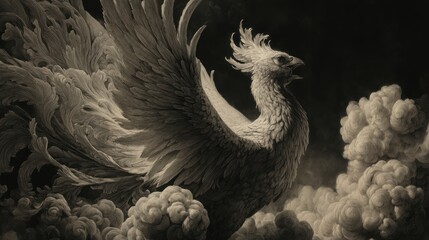 Fototapeta premium A majestic, stylized phoenix in sepia tones, wings outstretched, amidst swirling smoke