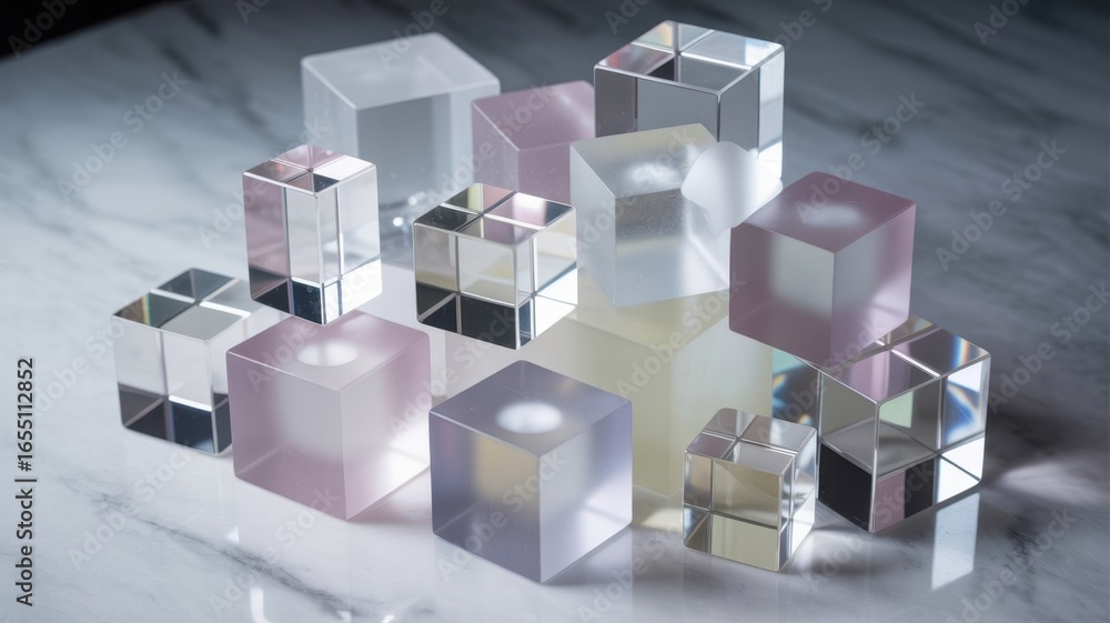 Poster abstract cubes: a sophisticated collection of transparent and translucent cubes, arranged artfully t
