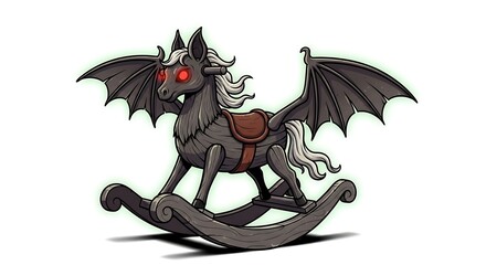 Obraz premium A dark rocking horse with bat wings and glowing red eyes on a white background digital illustration