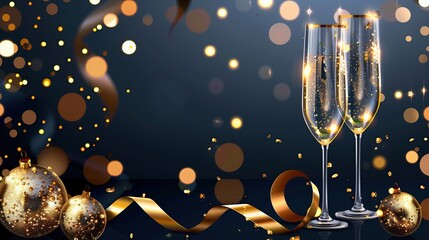 luxury New Year  banner elegant composition with shimmering gold particles and champagne glass. Background for text, wallpaper