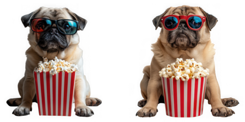 Two cute pugs wearing red 3d glasses and holding buckets of popcorn, isolated on transparent background