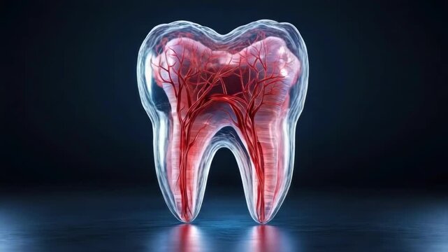 Detailed anatomical structure of a transparent tooth with nerve endings on dark background