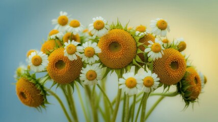 Fototapeta premium Floral Symphony: A cluster of vibrant daisy-like blooms create a captivating display, their petals reaching towards the light with simple beauty. 