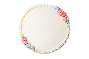 a cake with a white frosting and colorful flowers