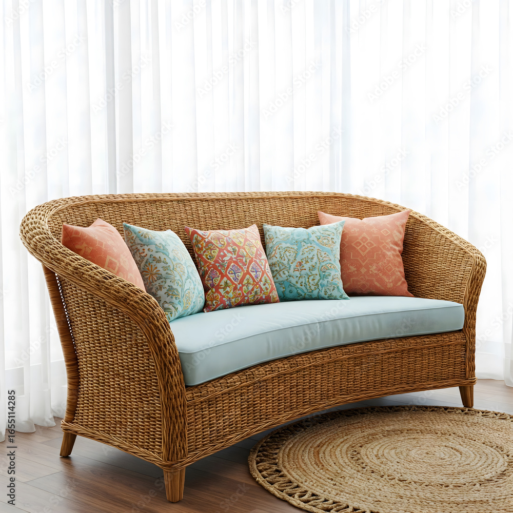 Poster a wicker or rattan sofa with patterned cushions and a round jute rug, set against sheer white curtai